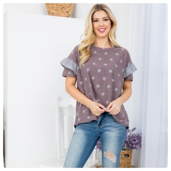Star Print Top Ruffled Short Sleeves Dusty Purple & Silver - Picture 1 of 5